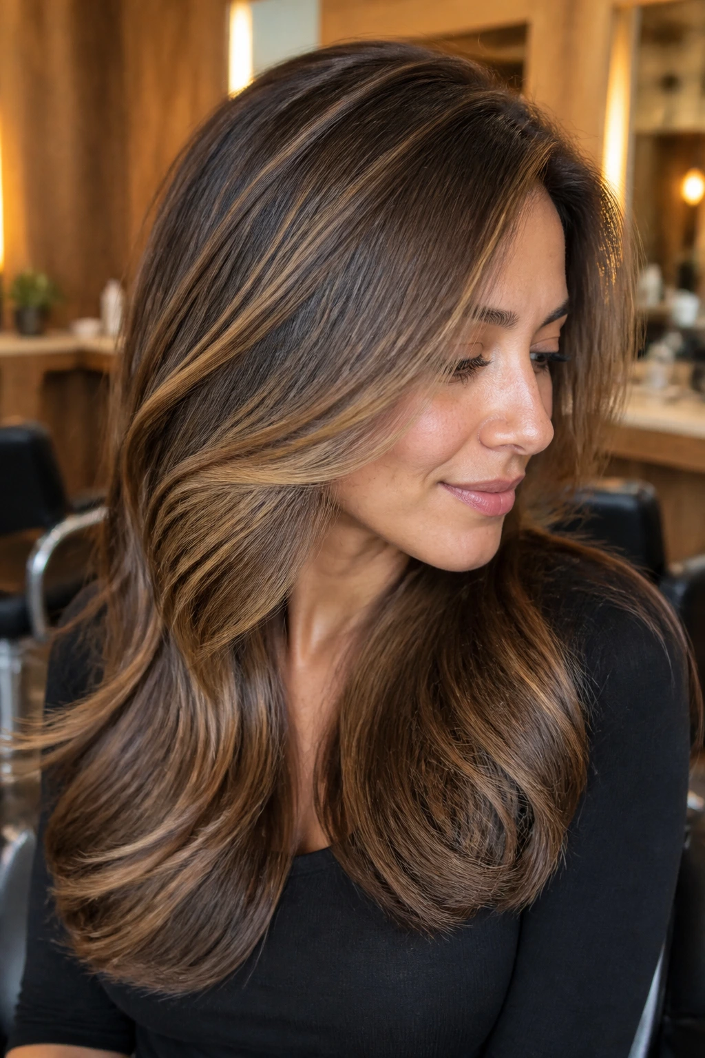 Close-up of long layered hair with cappuccino balayage on a real person