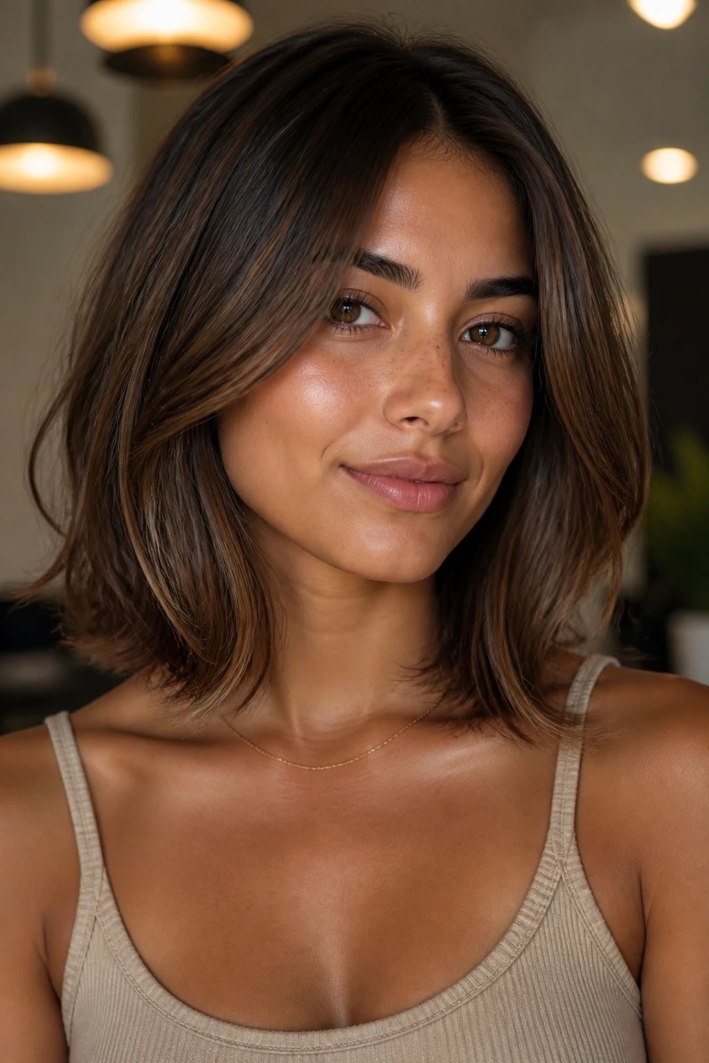 Close-up of a woman with cappuccino collarbone-length cut on olive skin in warm indoor light
