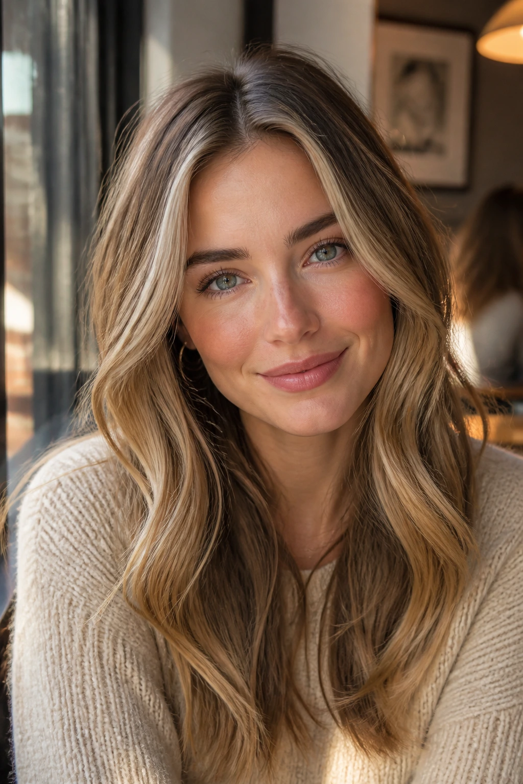 Close-up portrait of a real woman with cappuccino shadow framing at the roots