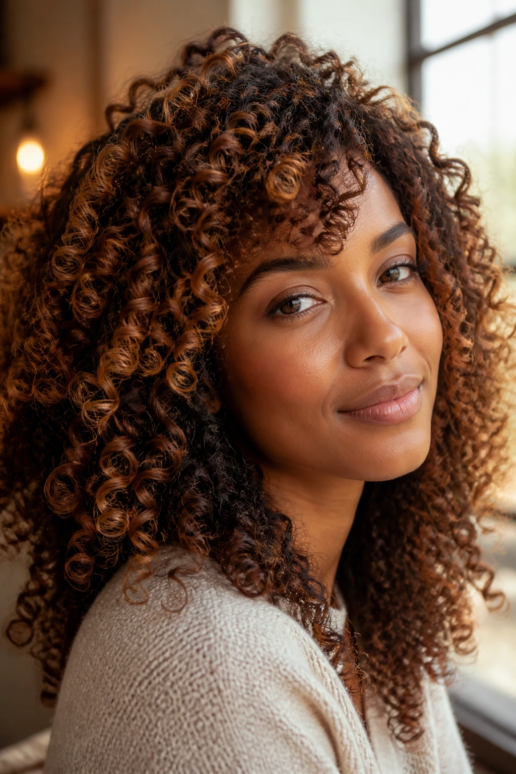 Close-up of a real person with caramel highlights and auburn lowlights in natural light.
