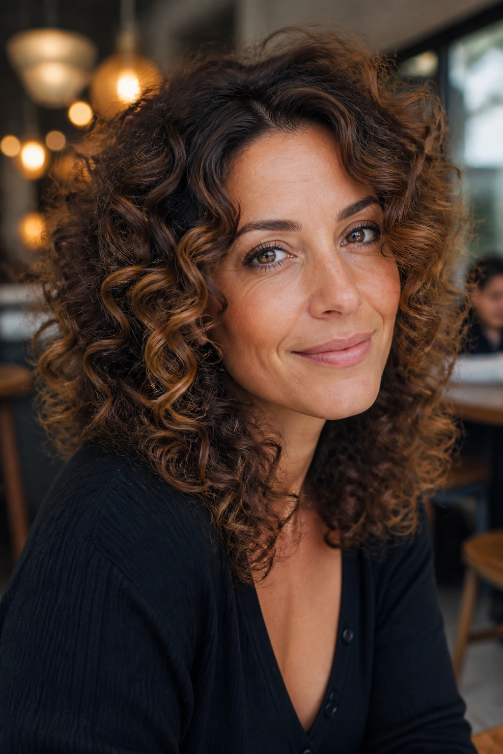 Close-up of a real woman with rooty brunette curls and caramel babylights around the face