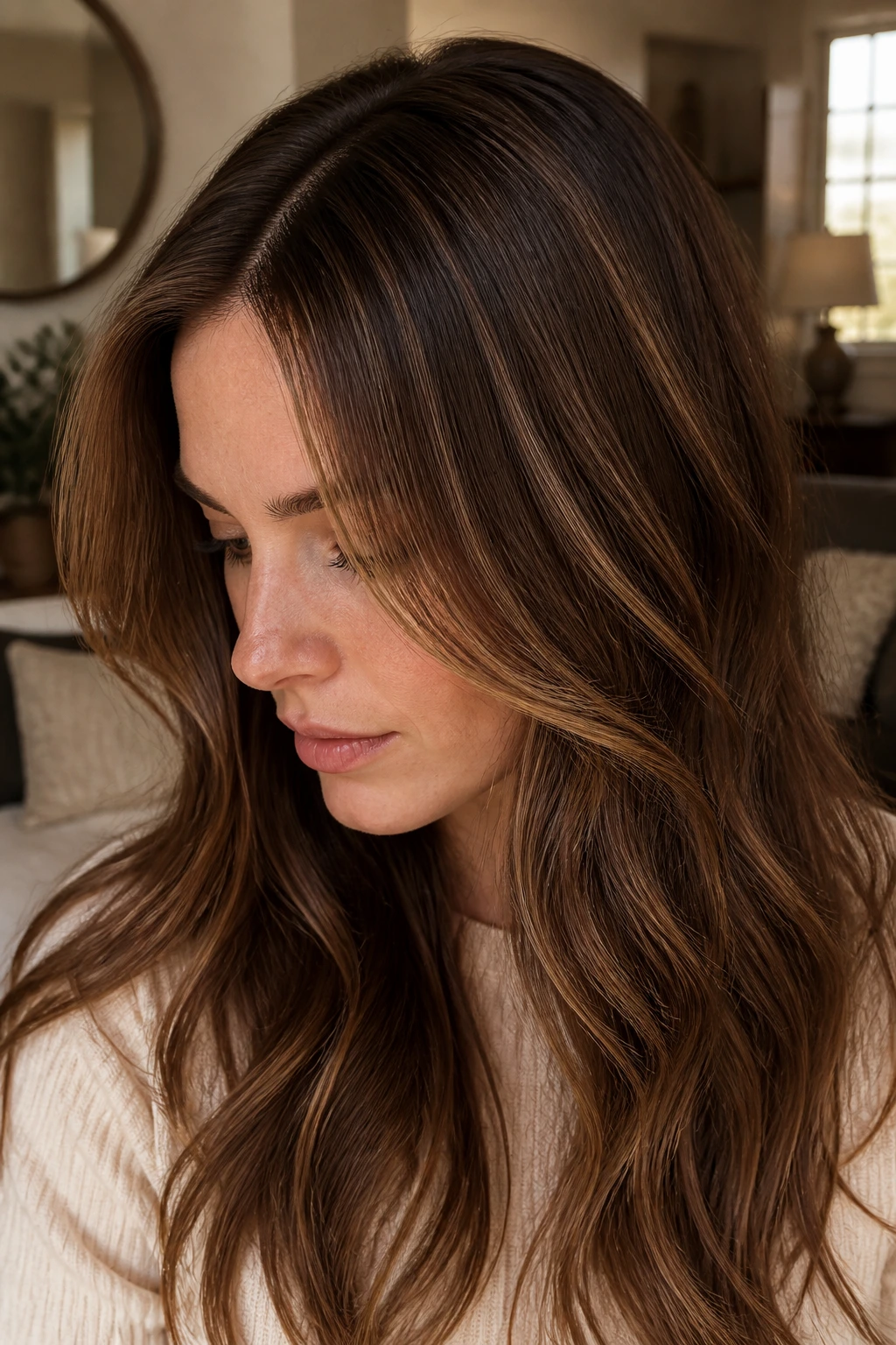 Close-up of chestnut base with caramel babylights framing the face