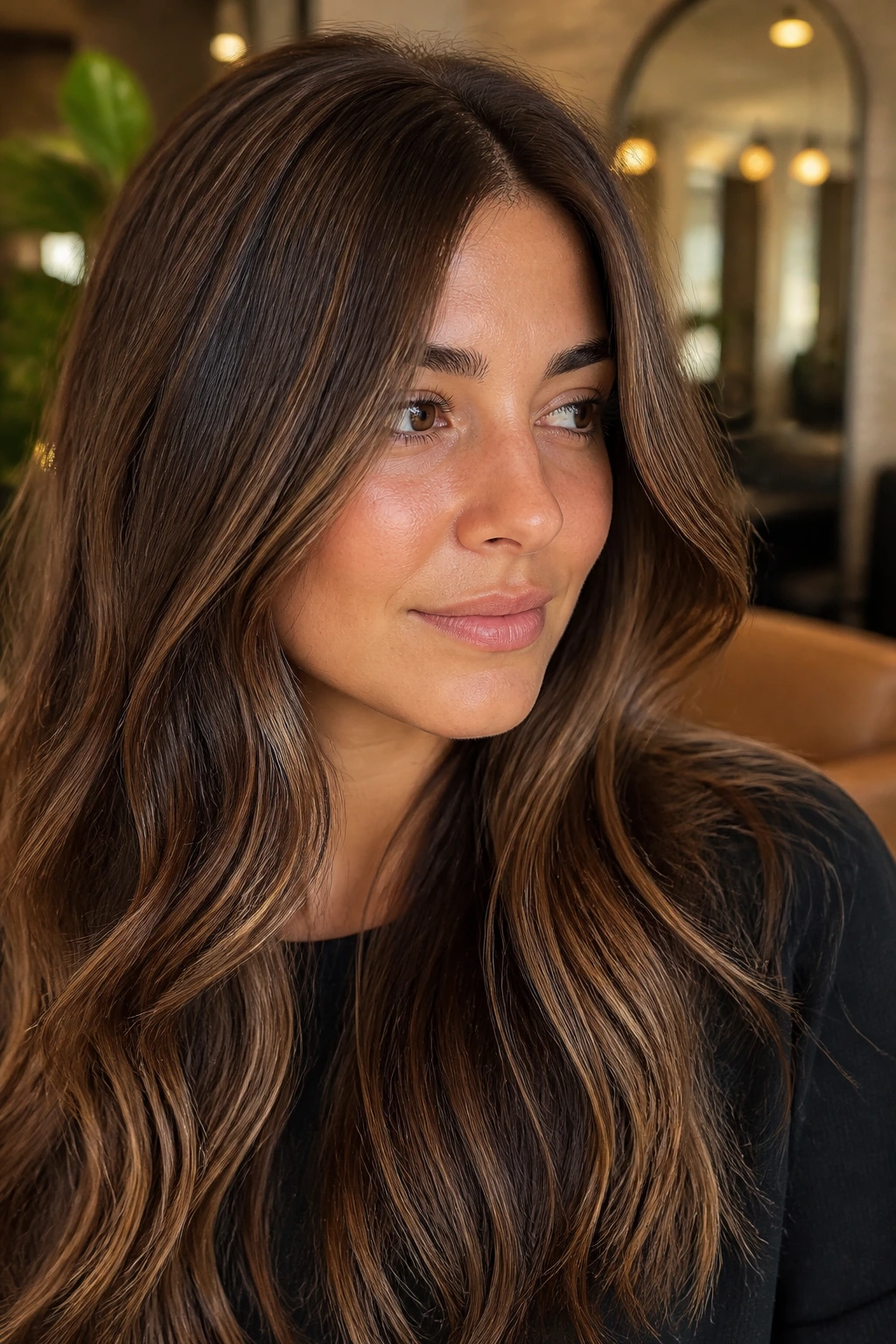 Close-up of dark brown hair with subtle caramel babylights