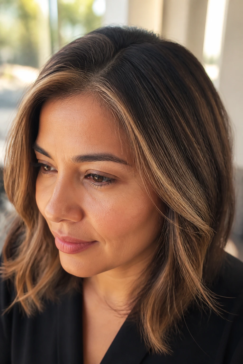 Close-up of a woman's hairline with caramel babylights along the temples