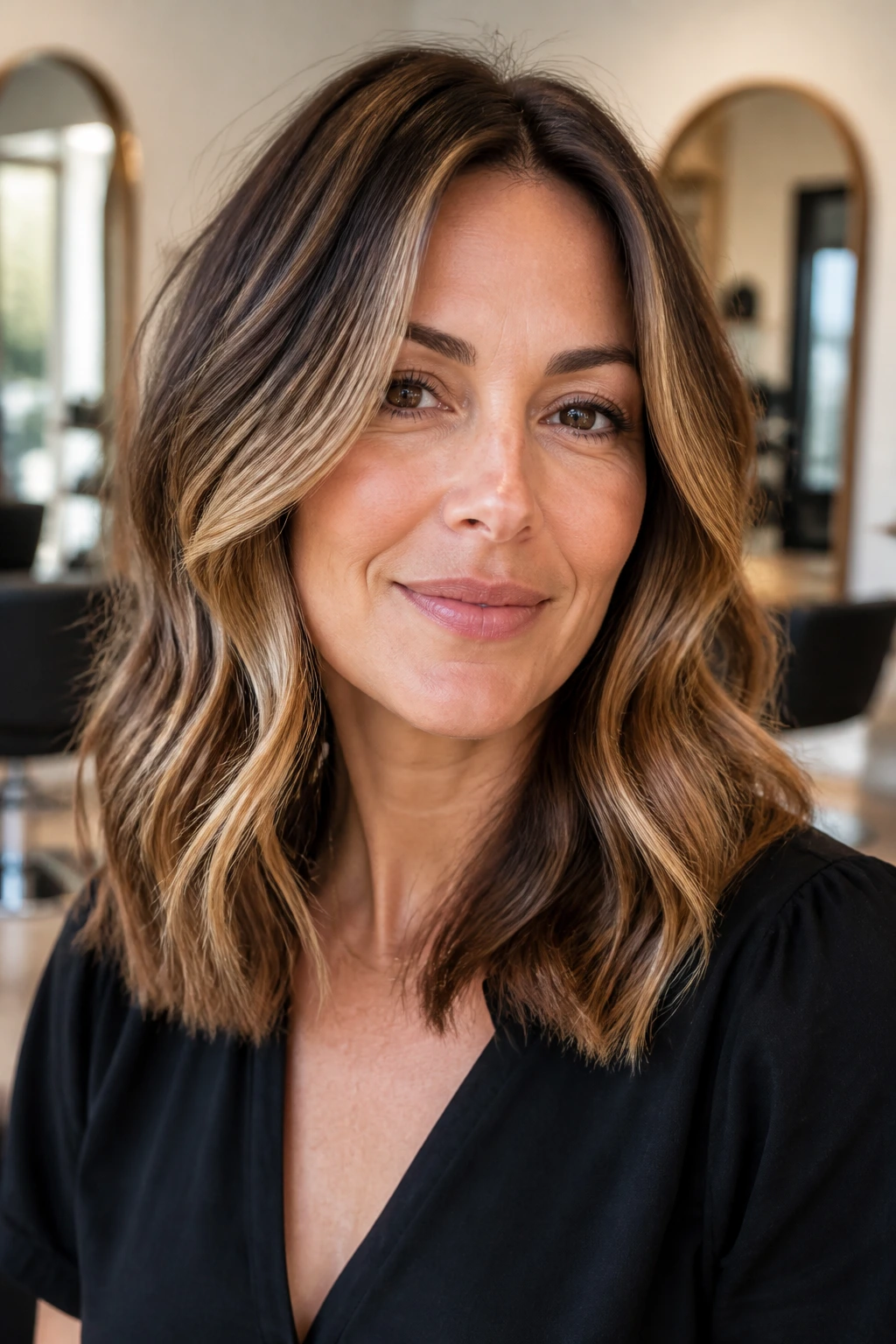 Portrait of a real person with caramel balayage near the face in daylight