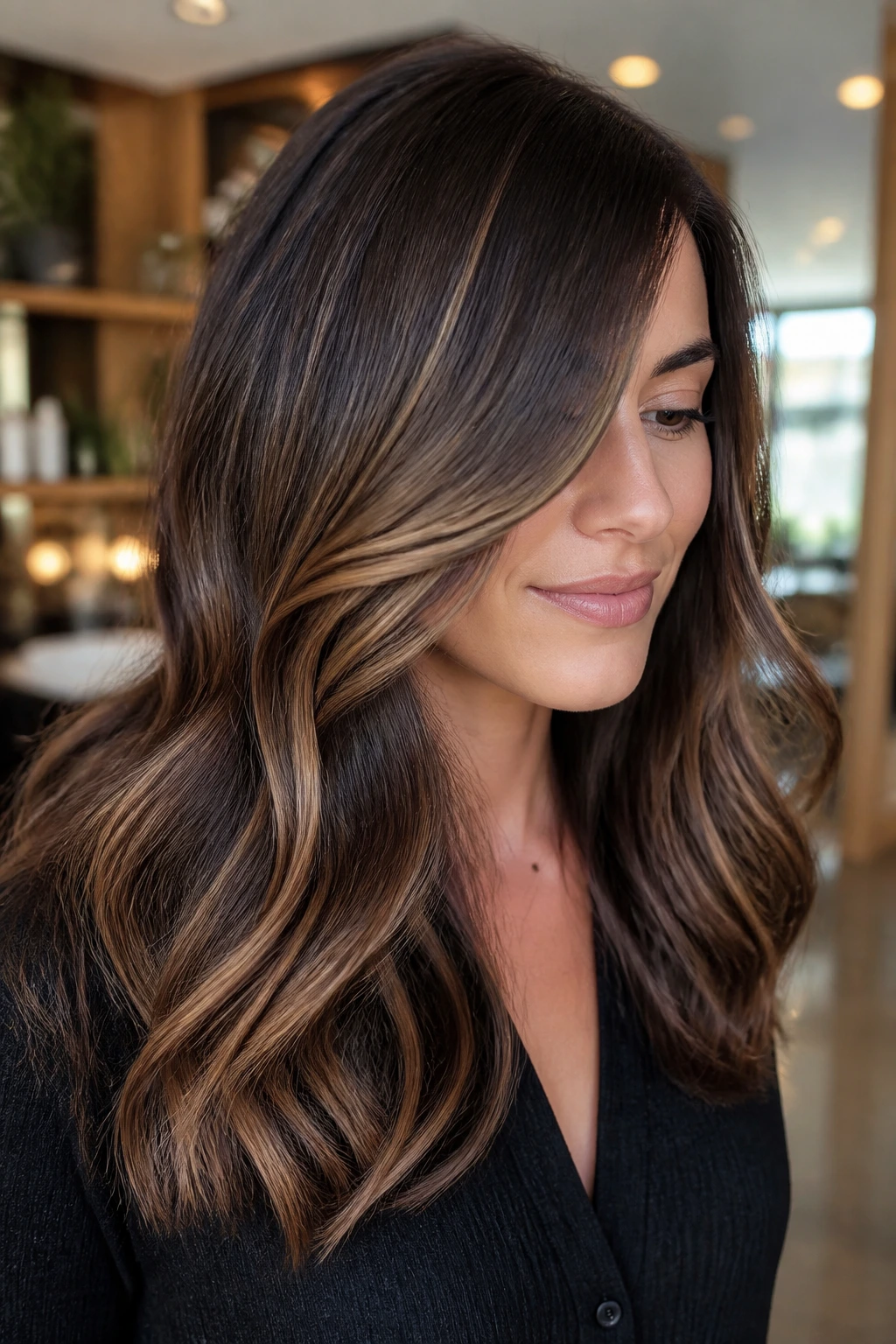 Brunette with caramel ribbons balayage and side-swept fringe in a salon
