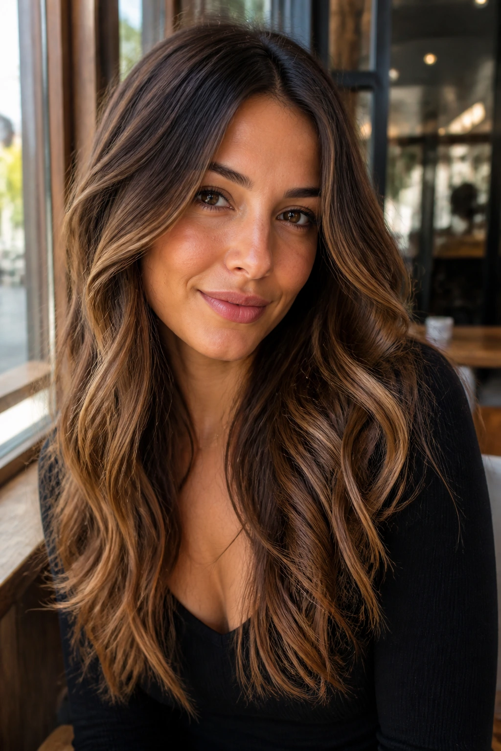 Real woman with caramel balayage on brown base showing sunlit dimension.