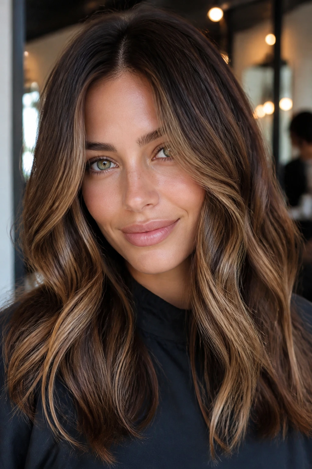 Close-up portrait of a real woman with caramel balayage on brunette base around the face