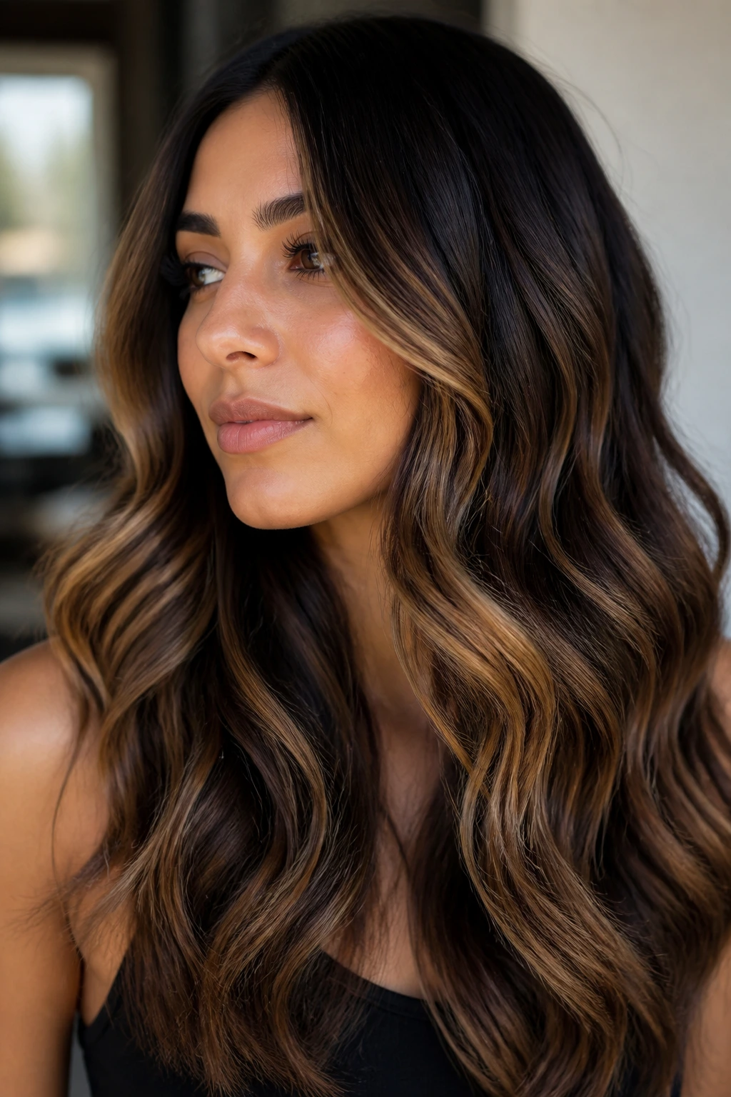 Close-up of a person with caramel ribbon balayage on deep brunette hair