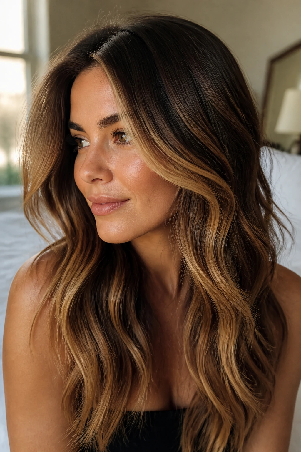 Close-up of brunette hair with subtle caramel balayage on a real woman.