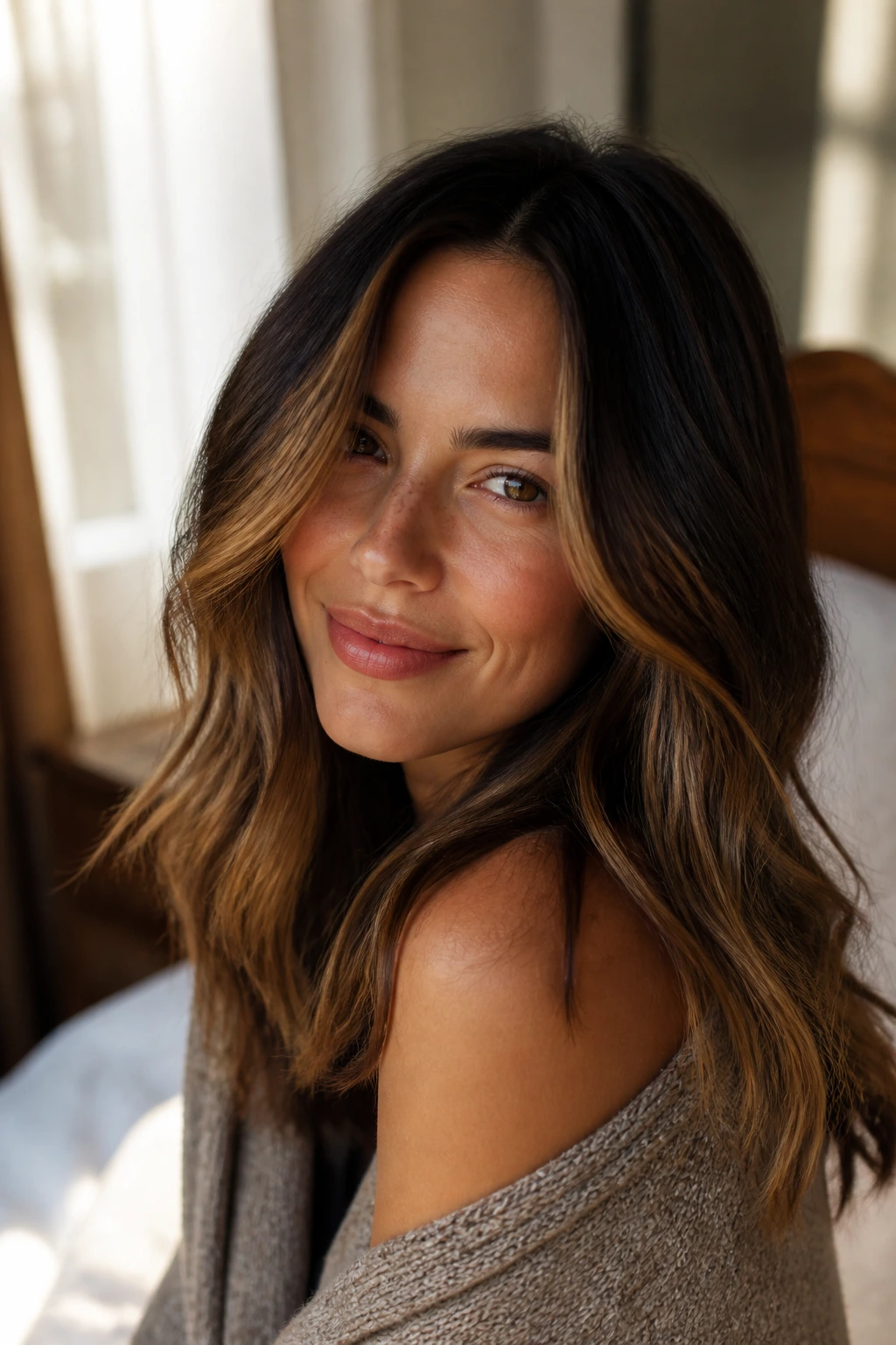 Close-up brunette with caramel balayage in warm natural light
