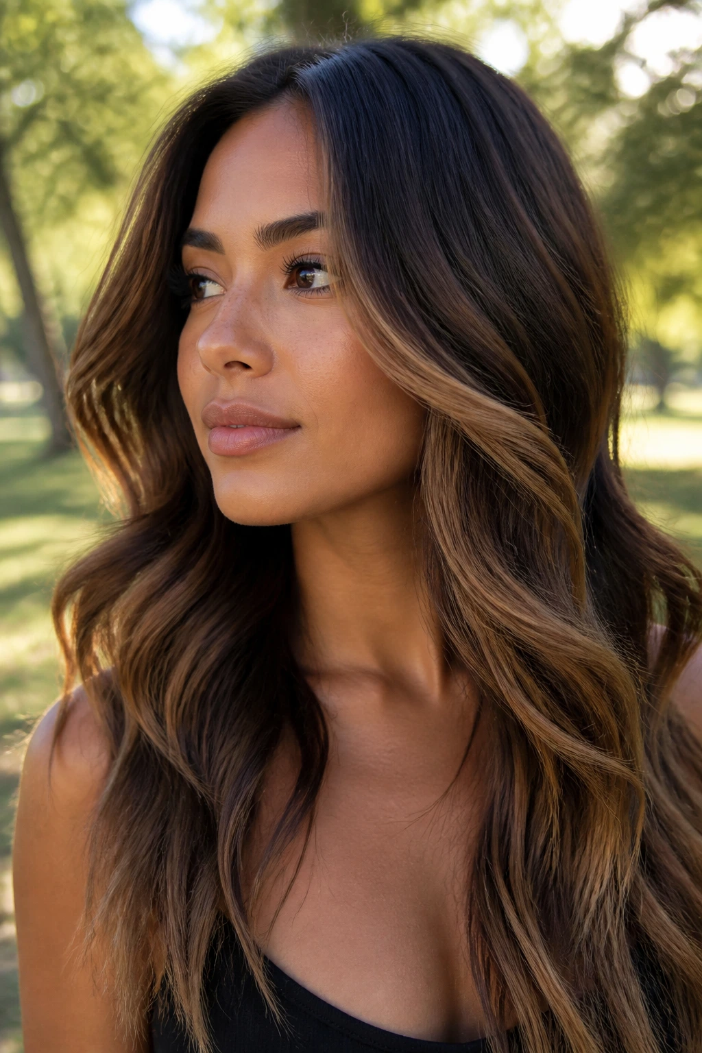 Close-up portrait with Caramel Contour Balayage highlighting face-framing caramel tones.