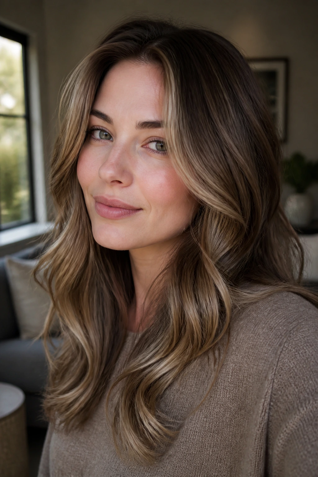 Close-up of a woman with cool skin showing beige caramel balayage and soft root shadow.