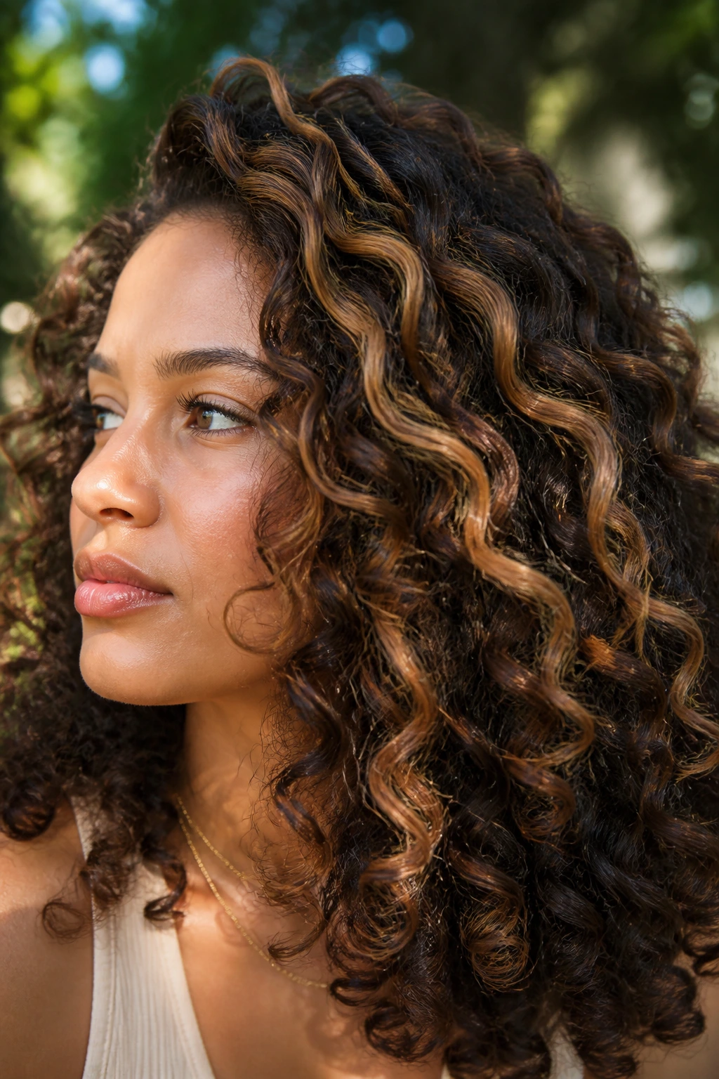 Close-up of curly hair with caramel balayage blocks following curl pattern