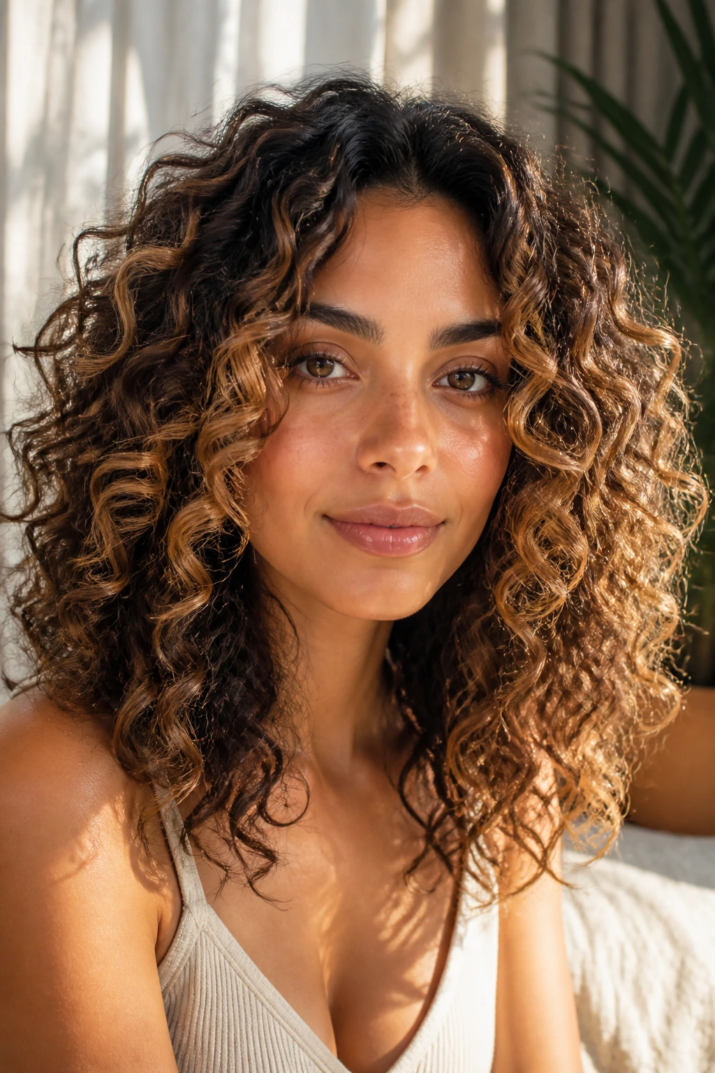 Close-up of caramel balayage ribbons on curly hair.