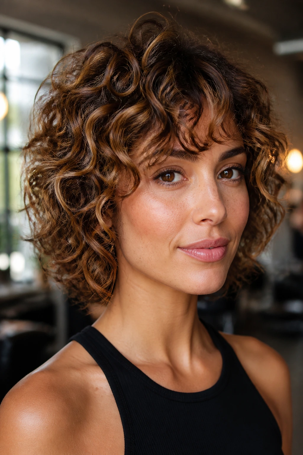Caramel balayage on a curly shag on a real person