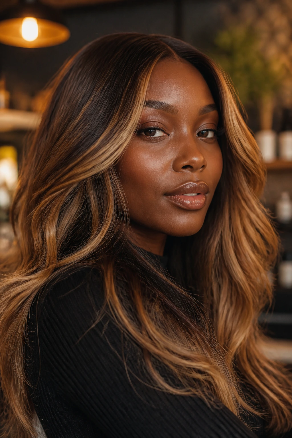 Close-up of a real person with caramel balayage flattering deep skin tones.