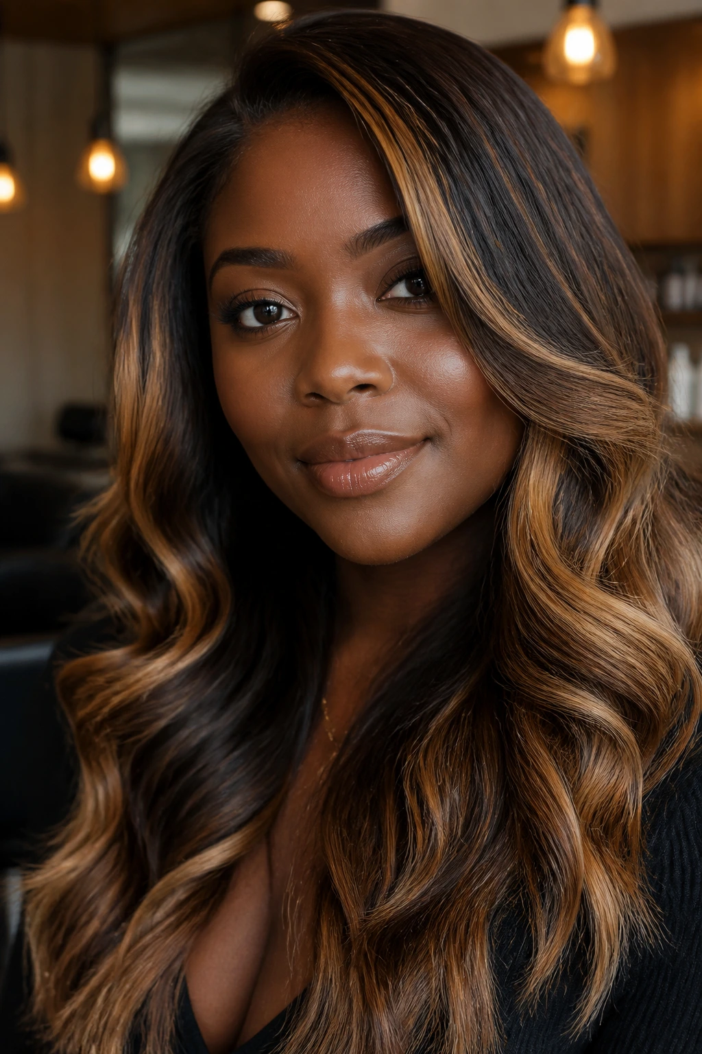 Portrait of a deep-skin-toned person with caramel brunette balayage and warm face framing