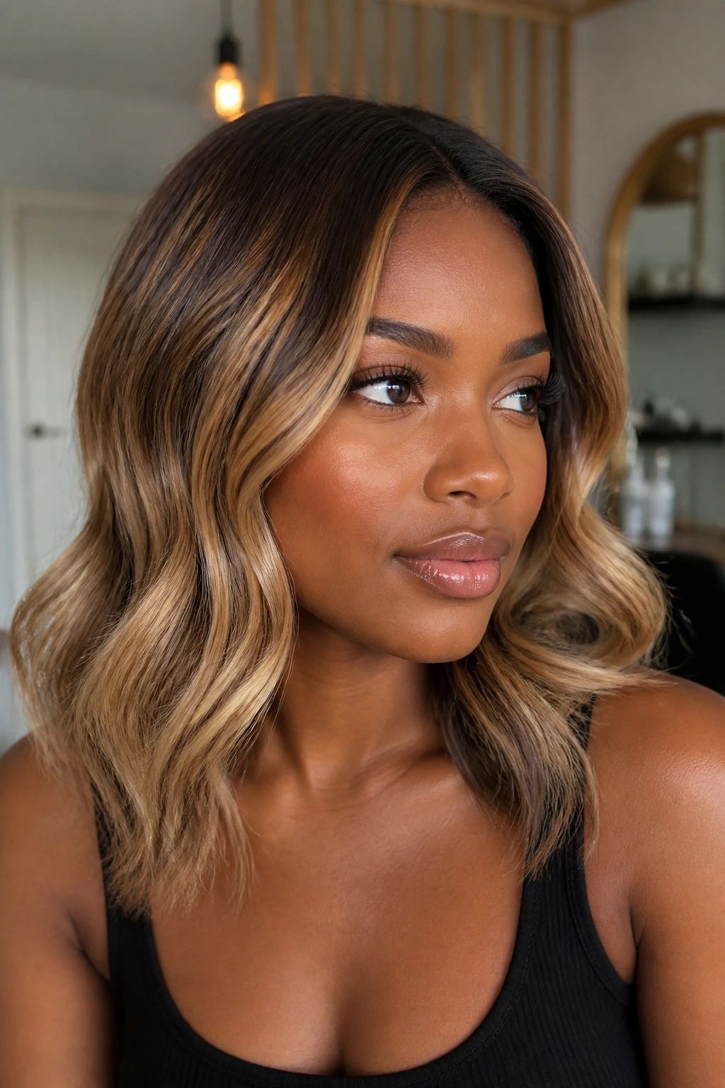 Portrait of a deep-skin model with caramel blonde melt and a soft root shadow.