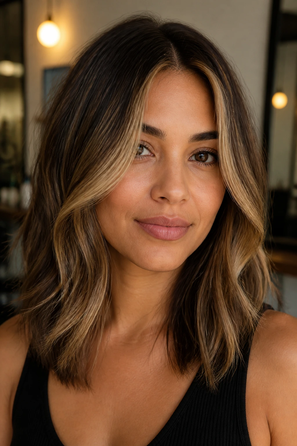 Close-up of a real woman with caramel balayage face frame on mid-length hair in warm salon light