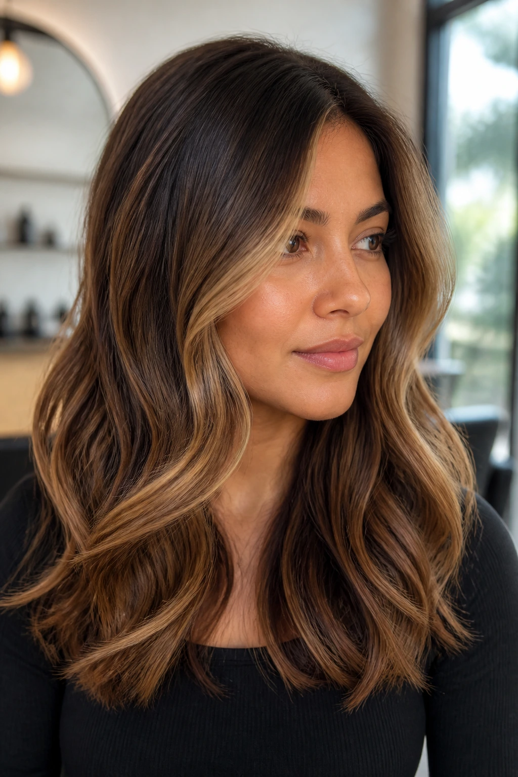 Woman with caramel ribbon balayage highlighting mid-lengths and ends.