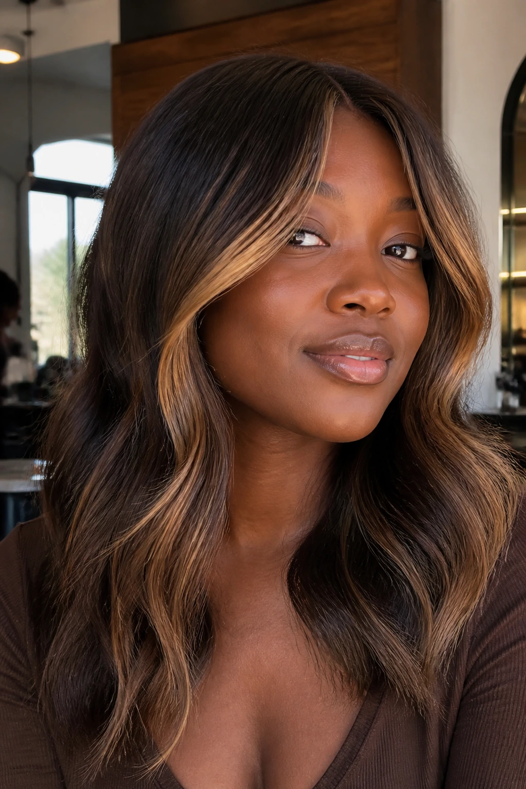 Close-up of caramel balayage framing the face on a real person