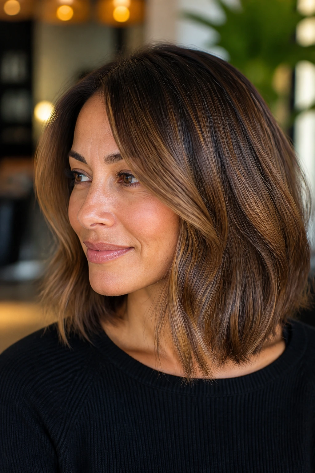 Close-up of a real woman's glossy warm caramel balayage hair in salon light