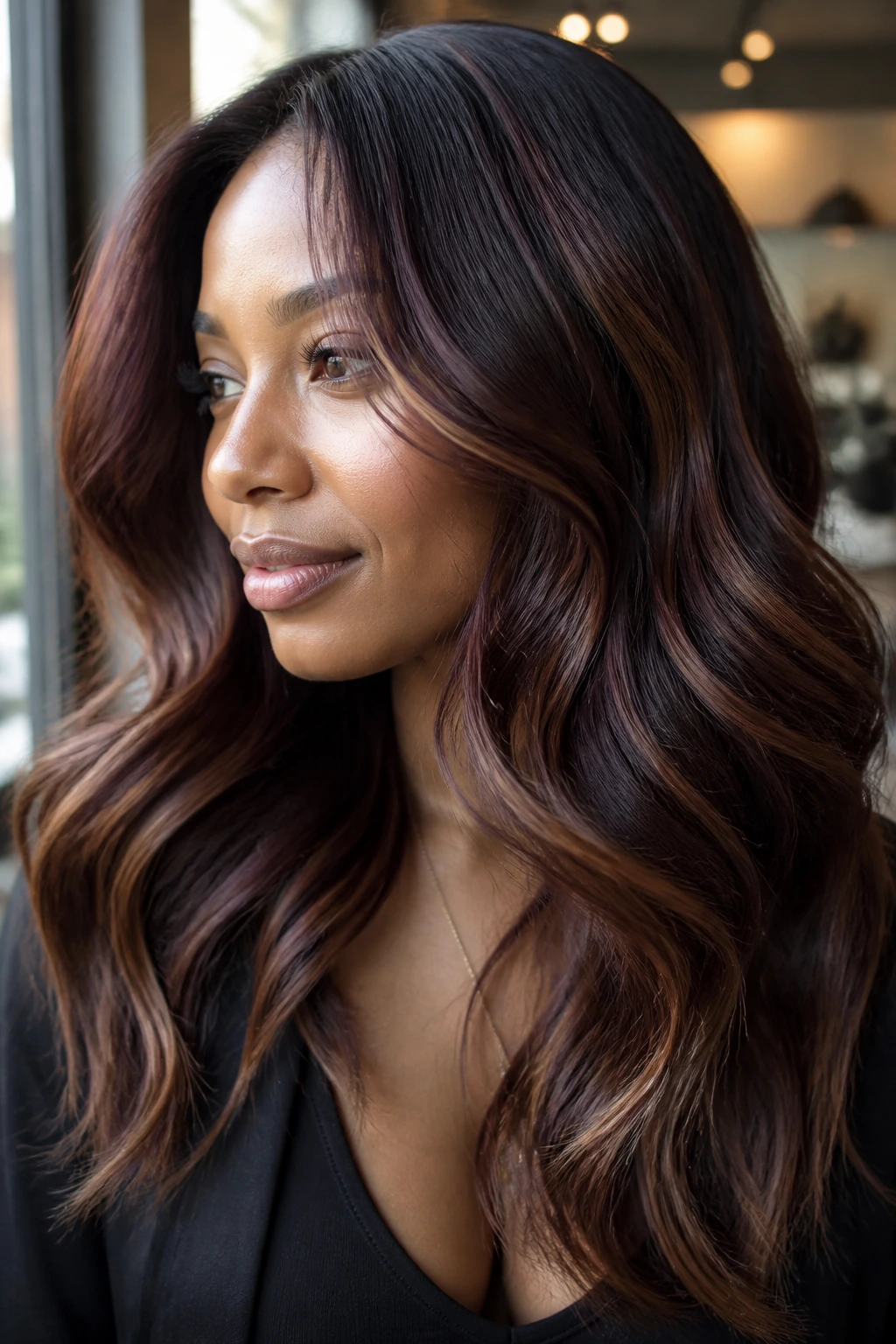 Close-up of a real woman with deep mahogany hair and subtle toffee balayage highlights