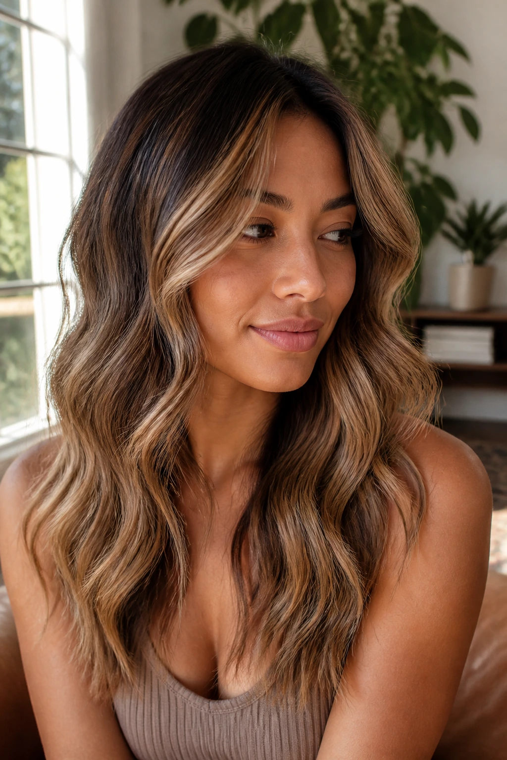Close-up portrait of a real woman with caramel balayage on medium skin, beachy waves.