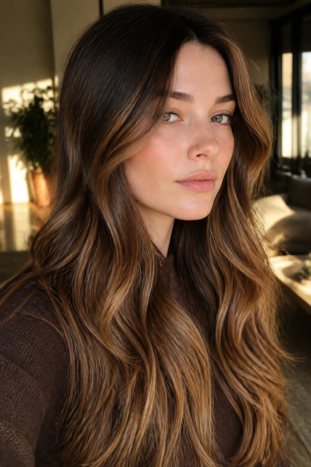 Close-up portrait of a woman with caramel ribbon balayage in long waves