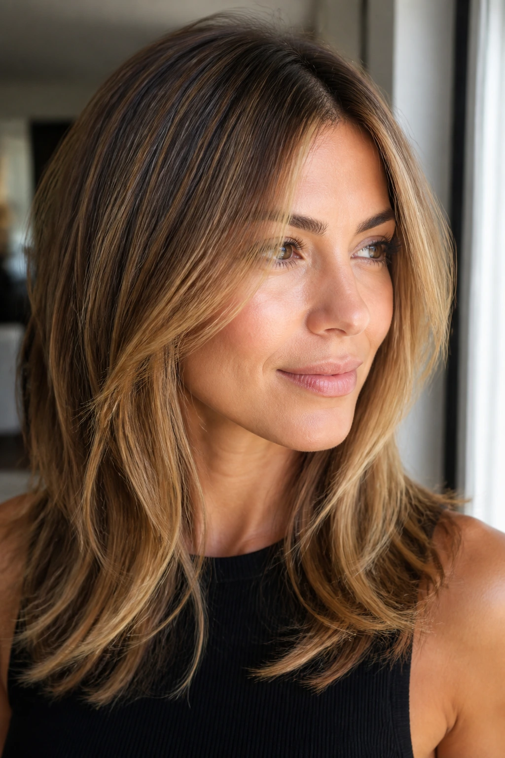 Close-up of caramel balayage layers with a light front veil framing the face