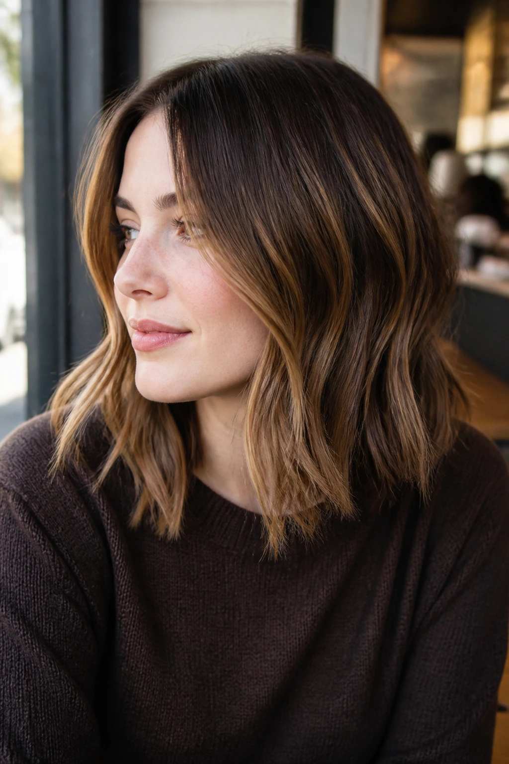 Portrait of a pale-skinned woman with caramel balayage highlights in a lob.
