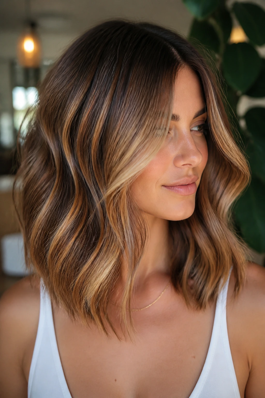 Real person with caramel balayage lob wearing soft waves