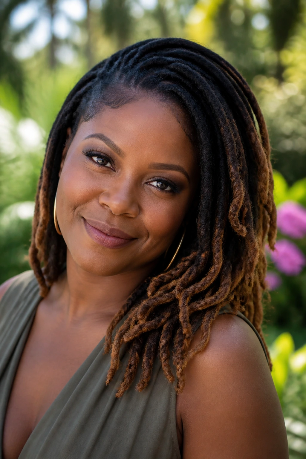 Close-up of a real person with caramel balayage locs on a dark base against deep skin