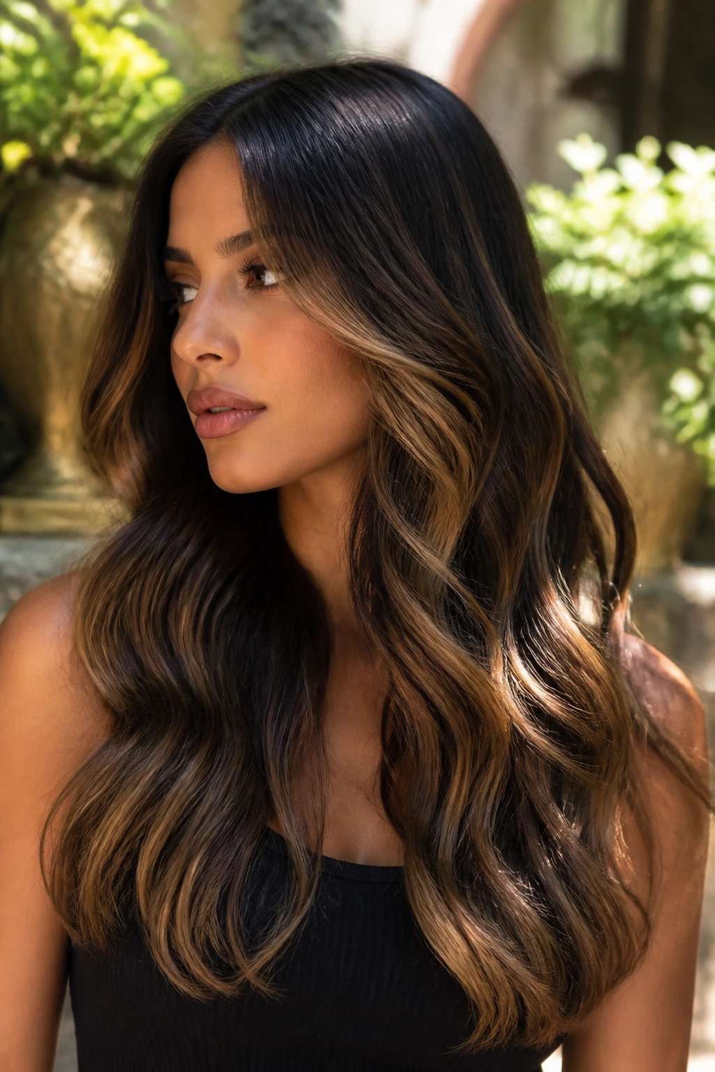 Close-up of long dark waves with caramel balayage highlights
