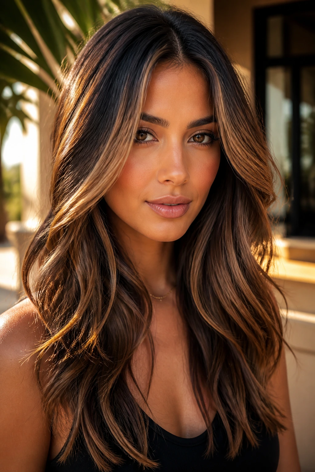 Close-up portrait of caramel balayage on long layered brunette hair