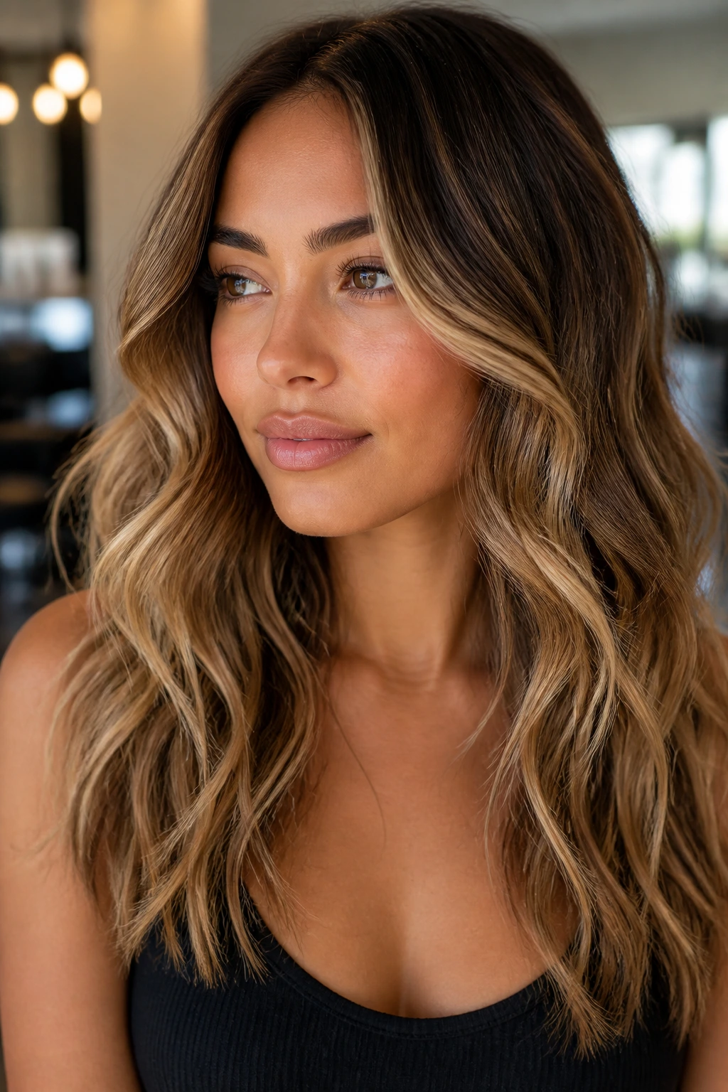 Portrait of a person with medium skin tone and caramel balayage