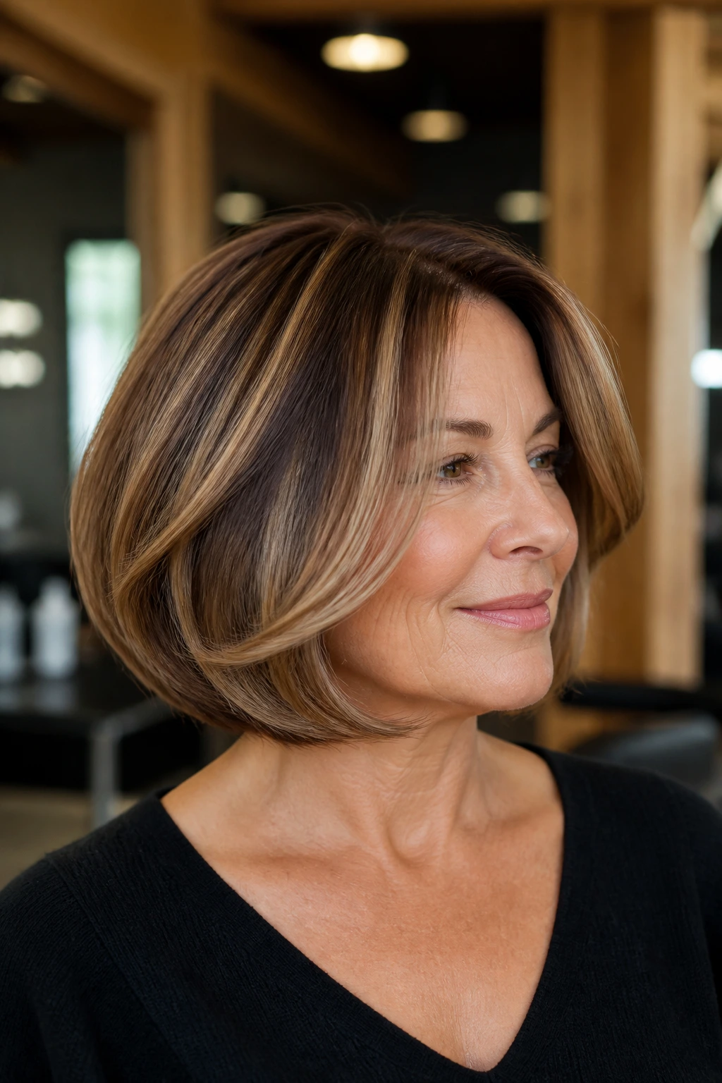 Real woman with caramel balayage mid bob and curved ends in a warm salon.