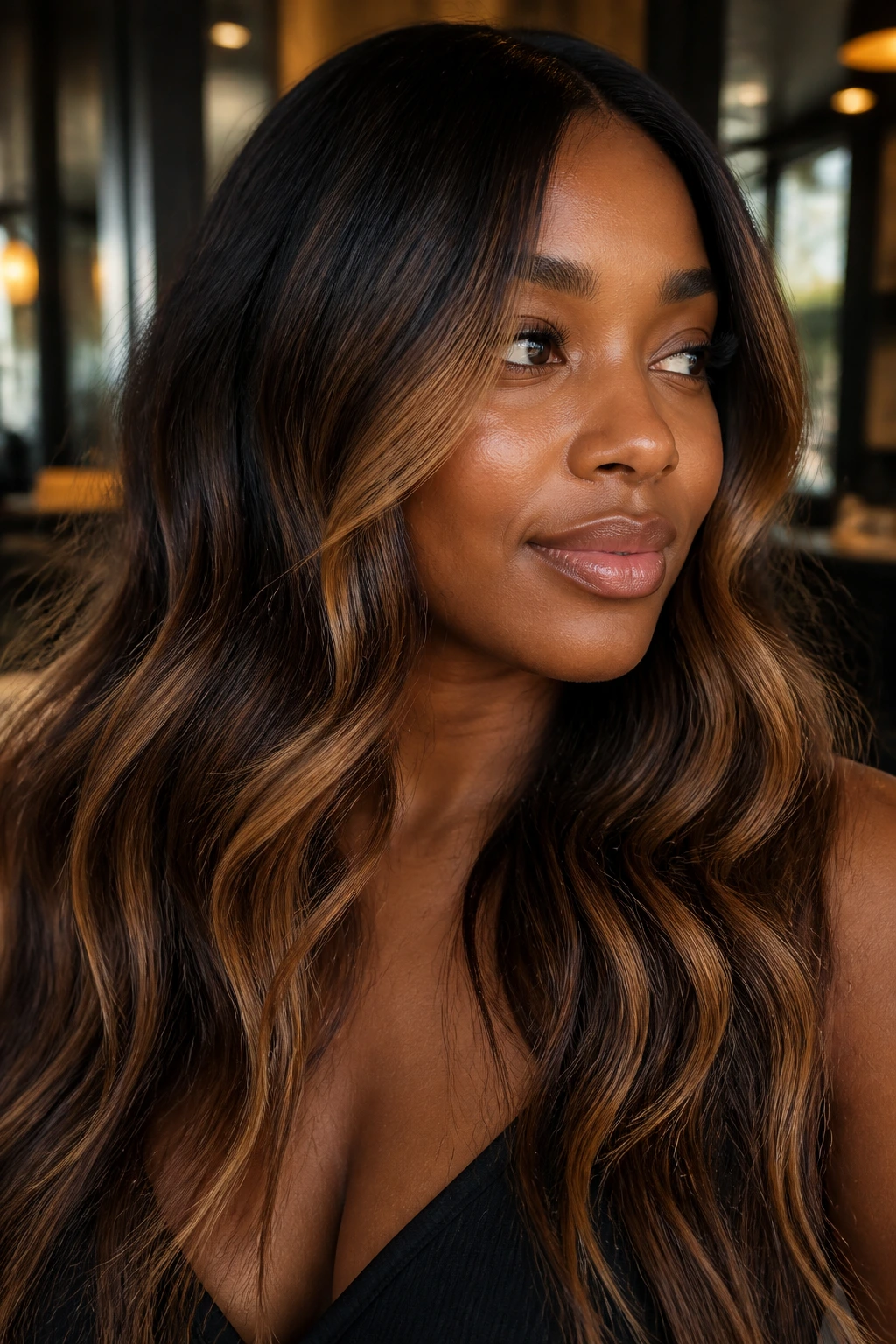 Close-up of medium-to-dark brown hair with caramel ribbons balayaged starting mid-length.