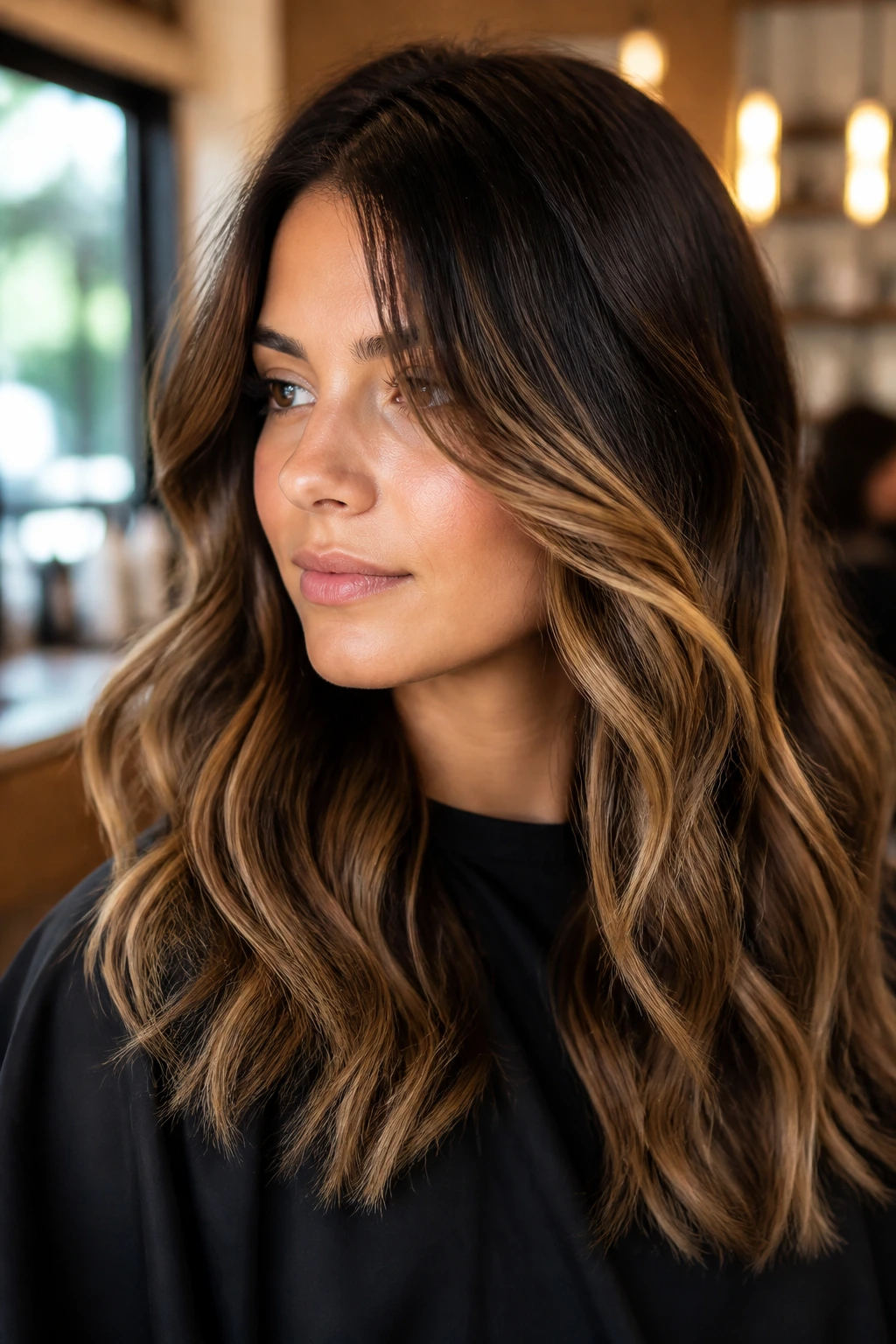 Real woman with caramel veil balayage through mid-lengths on dark hair