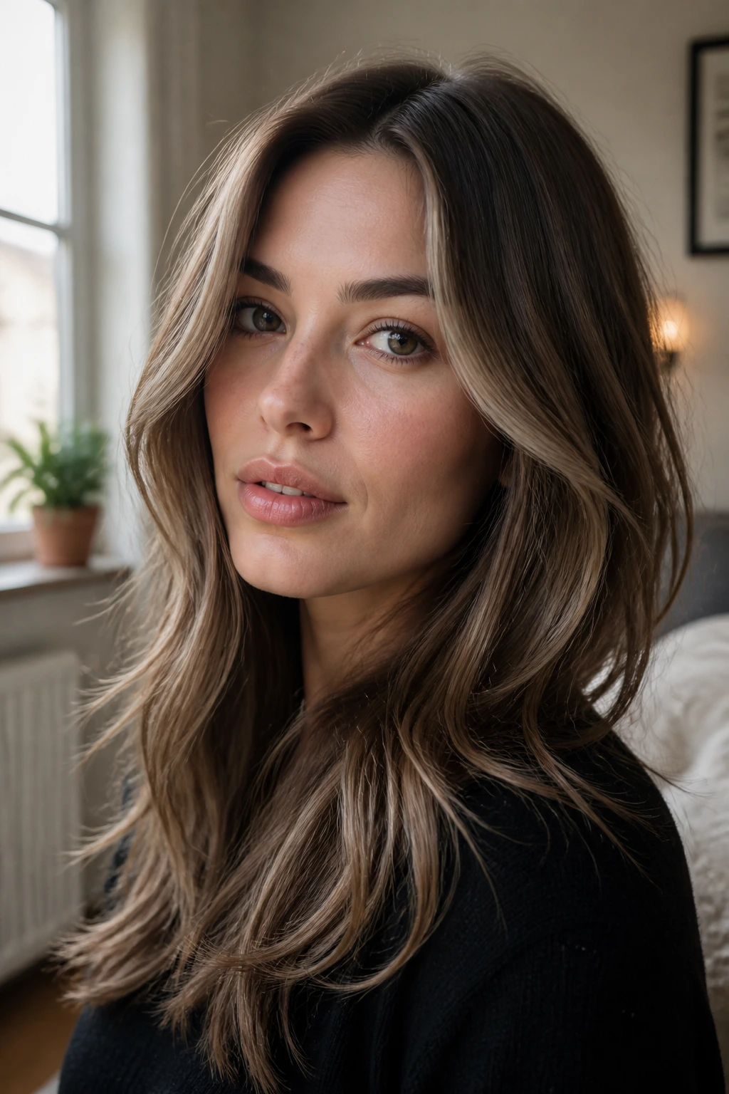 Portrait of a woman with cool skin and mushroom caramel balayage.