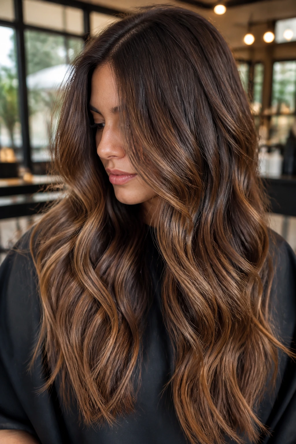 Close-up of a real woman with soft caramel ribbon balayage on long brunette hair