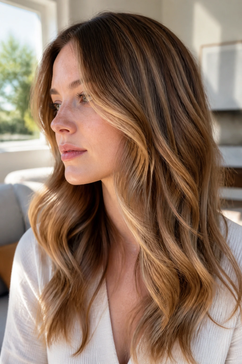 Close-up of a real person with caramel ribbons in balayage through mid-length hair