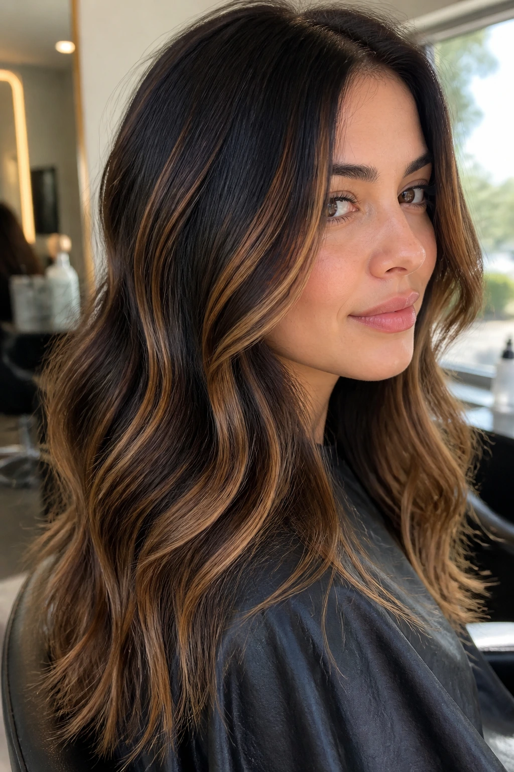 Brunette with caramel ribbon balayage close-up