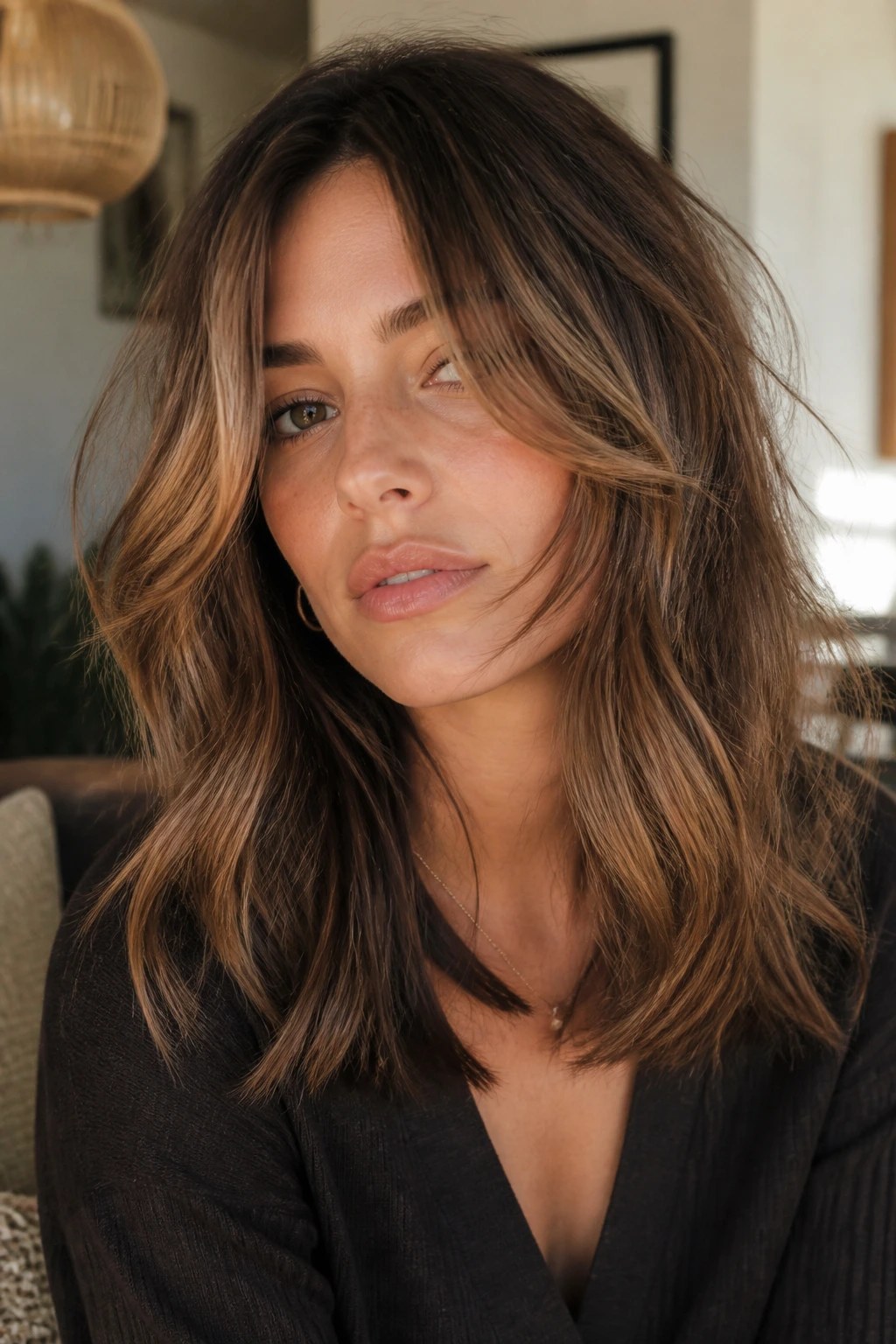 Brunette with caramel balayage shag in a sunlit living room