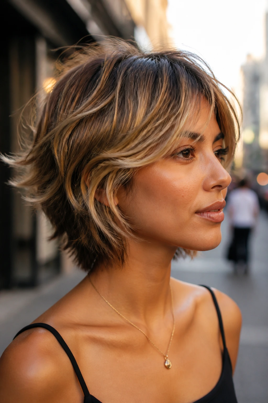 Close-up portrait of a real person with Caramel-Toned Short Shag, caramel ribbons and dimension on a short cut