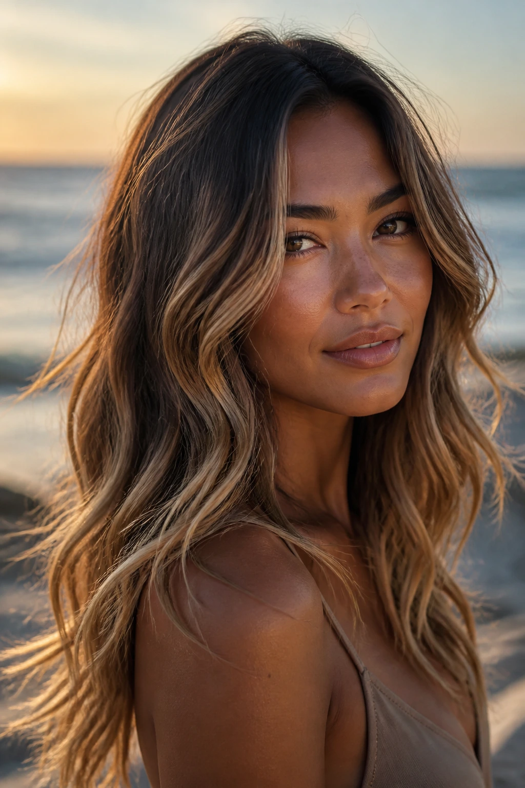 Close-up of a real woman with caramel balayage and long beach waves on tan skin at the beach