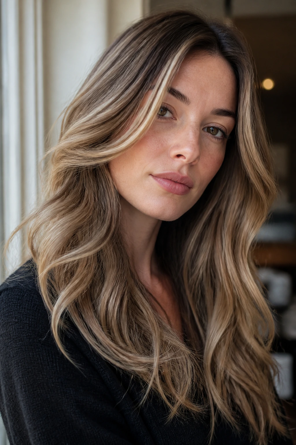 Close-up portrait with cashmere caramel balayage