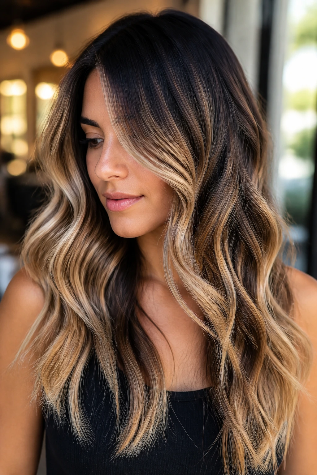Close-up of brunette with caramel balayage showing varied tones in natural light