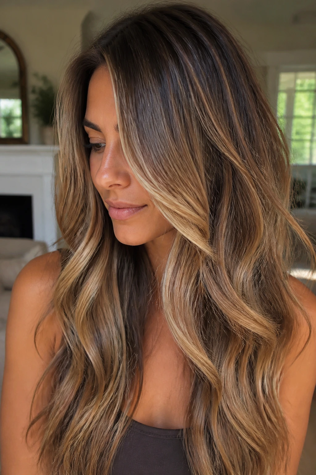 Close-up of a real person with caramel balayage in warm light